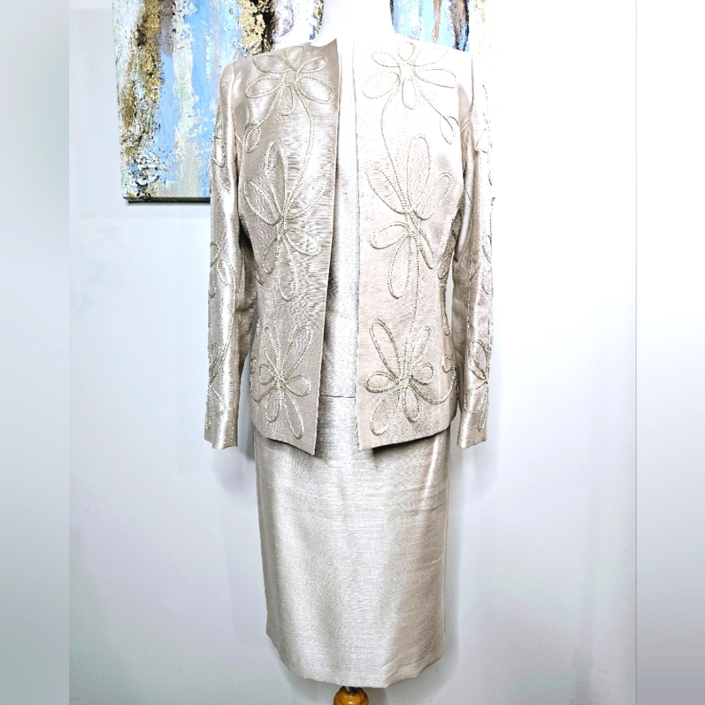 KASPER Women 3PCS Cocktail Persian Gold Patterned  Skirt Suit Size 8